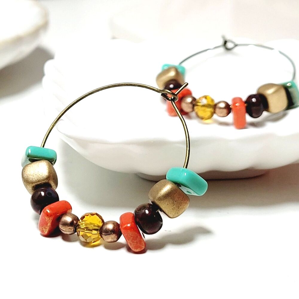 Artisan earrings  670# NEW bohemian Chunky hoop earrings multicolor beads antiqu